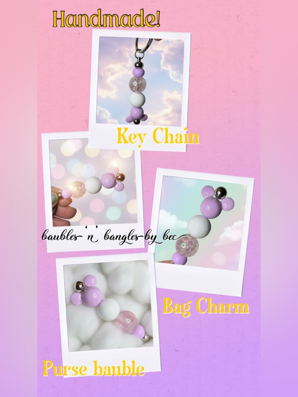 Hand Crafted Lavender and White Beaded Key Chain & Bag Charm